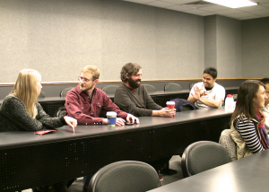 Student chapter members discussing acoustics. 